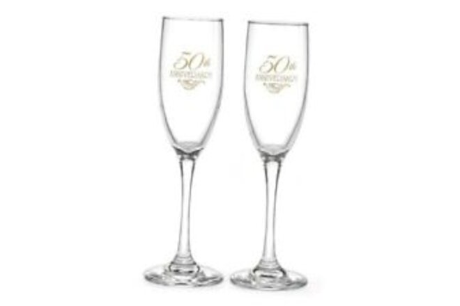 50th Gold Flourish 50th Wedding Anniversary Champagne Toasting Flutes, Gold