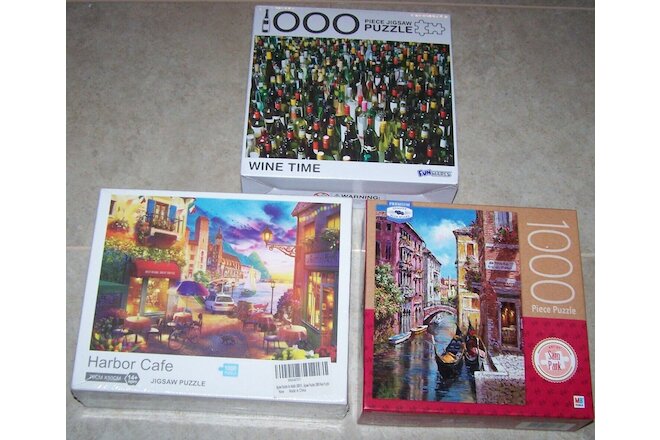 Lot 3 Jigsaw Puzzles 1000 Piece  MB Funwares  Wine Venice Harbor Cafe New Sealed