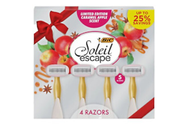 4 BIC Soleil Escape Women's 5 Blade Razors Caramel Apple Scented Gold Handle