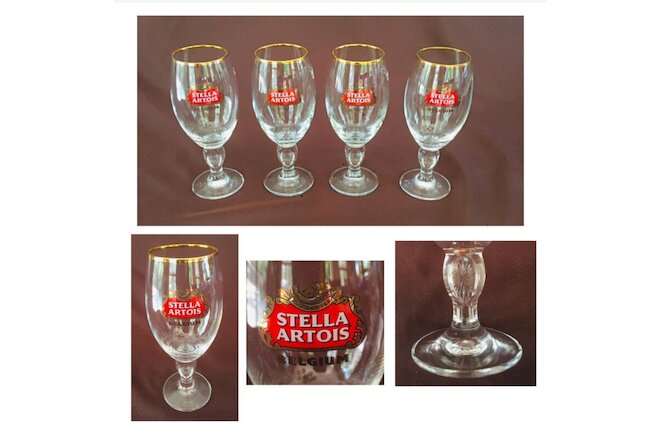 VINTAGE STELLA ARTOIS Beer Goblets 16 oz. Gold Rim 4-Piece Set Never Used