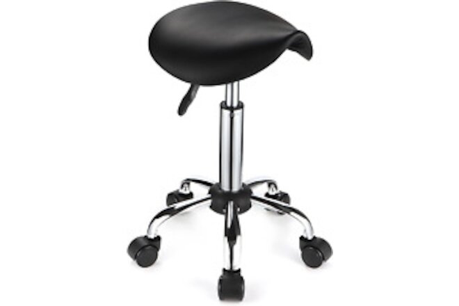 Saddle Rolling Stool with Wheels PU Leather Height Adjustable Swivel Stools Chai