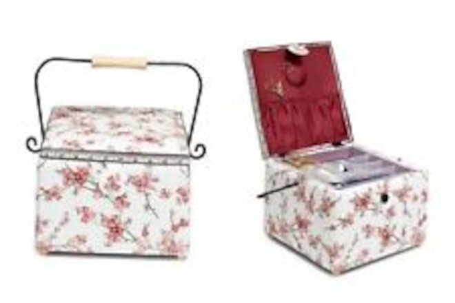 Large Square, White Floral Sewing Basket