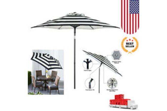 7.5 Foot Push-Up Round Market Umbrella Garden Deck Shade Black & White Stripe US