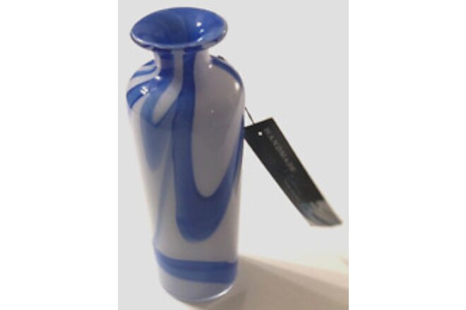 POLAND Handmade Blown Glass Art Contemporary Decorative Blue White Vase 11" New