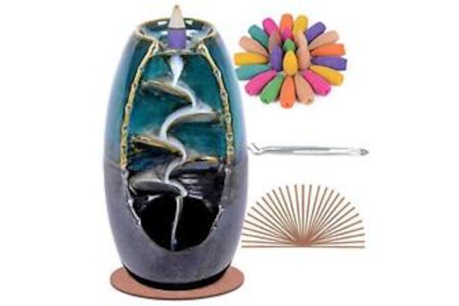 Ceramic Backflow Incense Holder and Burner Waterfall, with 120 Backflow Blue
