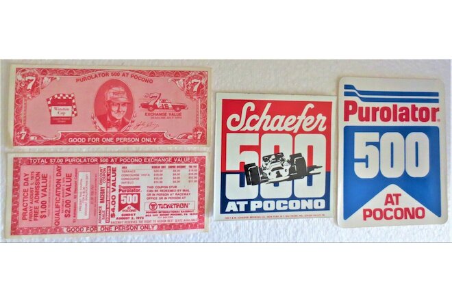 4 Vintage 1975 Purolator Schaefer 500 at Pocono Tickets & Stickers Unused