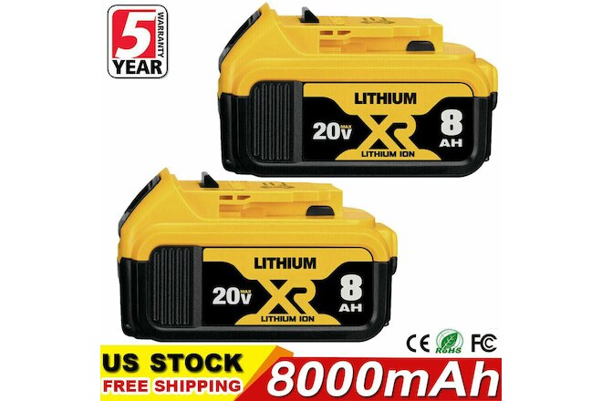 2 Pack 20V For DeWalt DCB206-2 20 Volt Max XR 8.0AH Lithium Battery DCB205-2 US