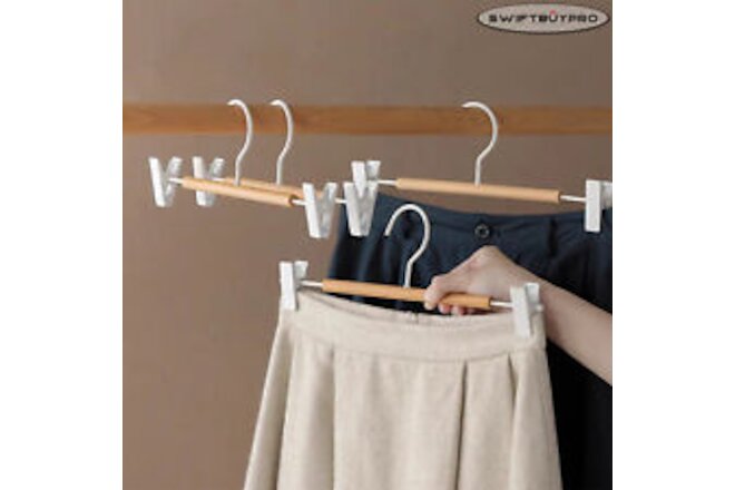 20pcs Wooden Pants Hangers Wood Jeans/Skirt/Slacks Hanger with Metal Grip Clips