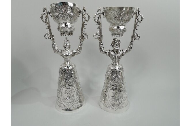 Antique Goblets Pair King Queen Marriage Wager Wedding Cups German 800 Silver