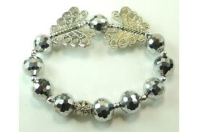 Butterfly Stretch Bracelet with Faceted Silver Crystal Statement Handcrafted