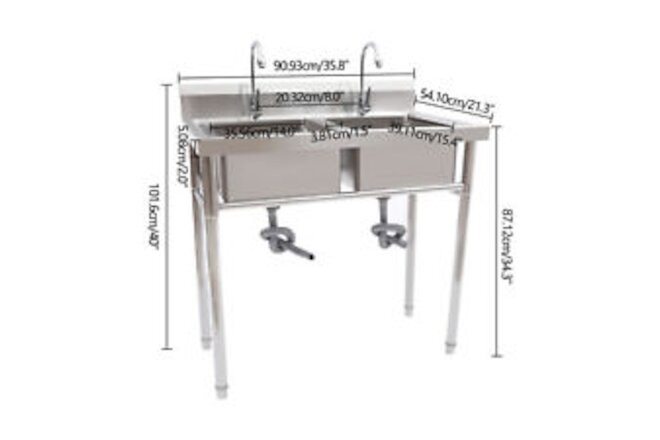 New 2-Compartment Commercial Sink + Double Faucet Restaurant U Sink Stainless