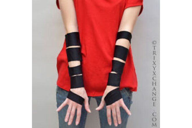 Cut Out Gloves Black Arm Sleeves Covers Mens Steampunk Costume Ripped Distressed