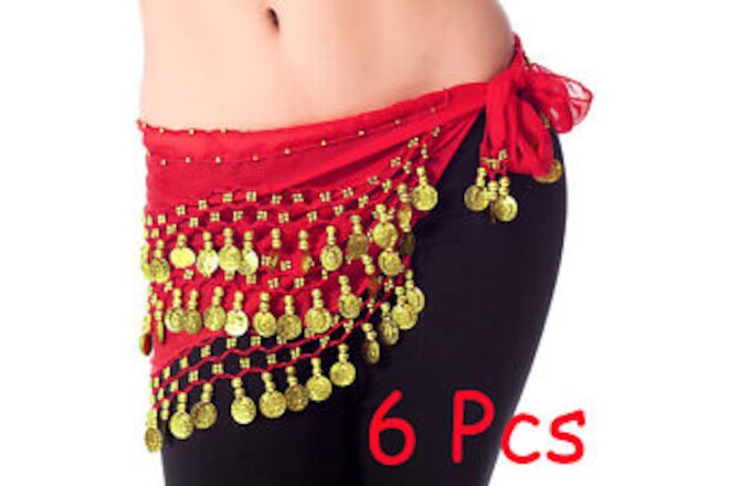 6Pcs Red Belly Dance Hip Scarf Coins Dancing Skirt Waist Scarves Wrap Belt XMAS