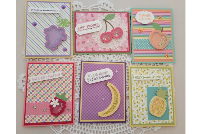 Lot of 6 Adorable Queen & Co. Fruit Themed Shaker cards Handmade & So Much Fun!
