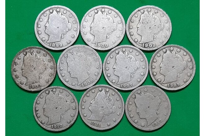 Ten Liberty V Nickels with Ten DIFFERENT Dates!