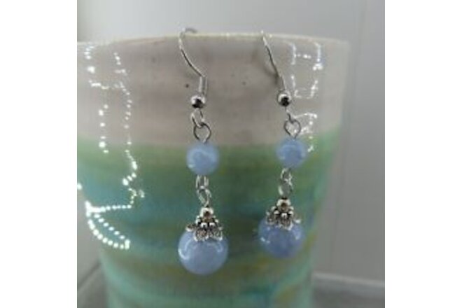 Sky Blue Gemstone Earrings Antique Silver Tone Artisan Gift New Elegant