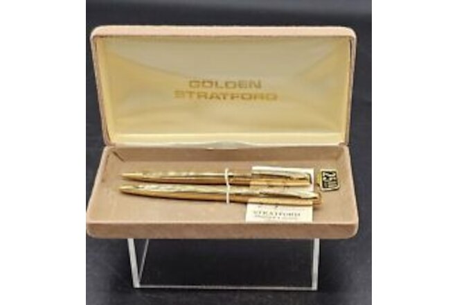 VTG Stratford Gold Toned  Pen & Mechanical Pencil Set in Original Case Thin NOS
