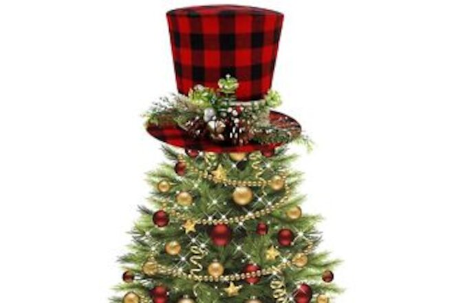 Prsildan Christmas Plaid Top Hat Tree Topper with Pine Cones, Berries, and Be...