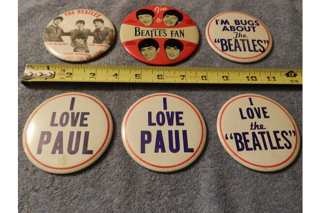 Vintage THE BEATLES ORIGINAL 1964 RED I'm a BEATLES FAN 4" Pin 6 Pin Button Lot