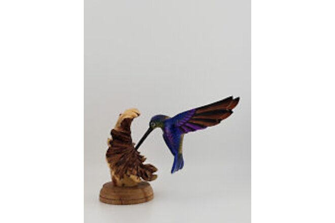 Wood Carved Colorful Hummingbird Bird Sculpture