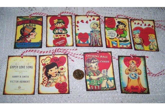 9~Valentine's Day~Vintage~Fortune Teller~Gypsy~Linen Cardstock~Gift~Hang~Tags