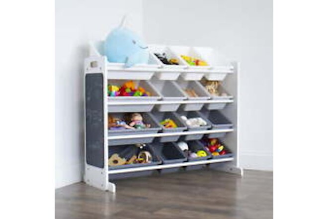Kids Wood Toy Storage Organizer with Chalkboard and 16 Plastic Bins Playroom