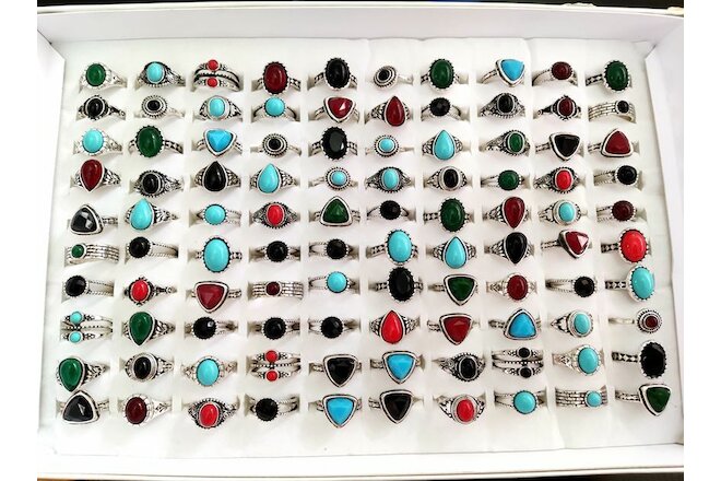 Bulk lots 50pcs Antique Silver Women's Colorful Stone Ring Party Jewelry Mix lot
