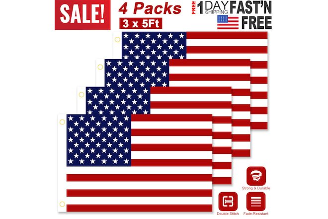 4Pack 3' x 5'FT USA US U.S. American Flag Polyester Stars Brass Grommets US Flag