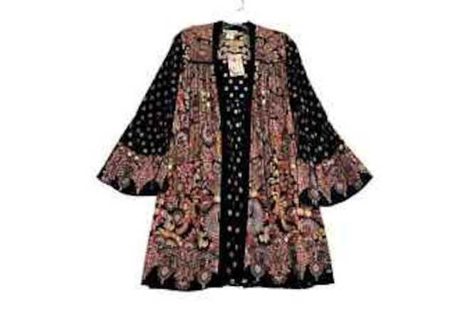 Gypsy Love Bell Sleeve Velvet Trim Open Front Kimono Cardigan Black Womens Small