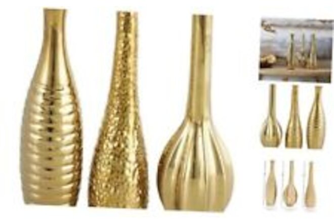 Ceramic Trumpet Vase with Varying Patterns, Set of 3 4"W, 12"H Gold