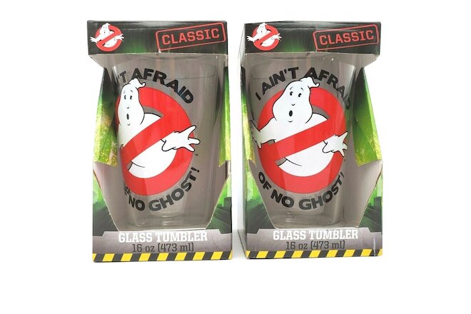 TWO (2) GHOSTBUSTERS "I Ain't Afraid of No Ghost!" 16oz. Pint Glass Tumblers NEW