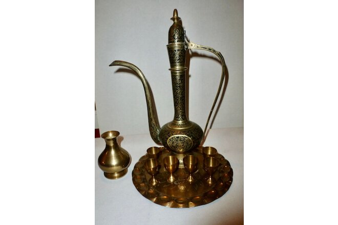 Lot 9 Assorted Brass Items - Tray, 6 Small Cups, Small Vase & Ornate Aftaba Ewer