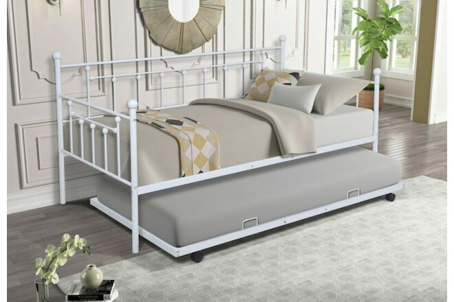 Metal Frame Daybed with Trundle Bedroom Furniture Space Saving For Kids Adults