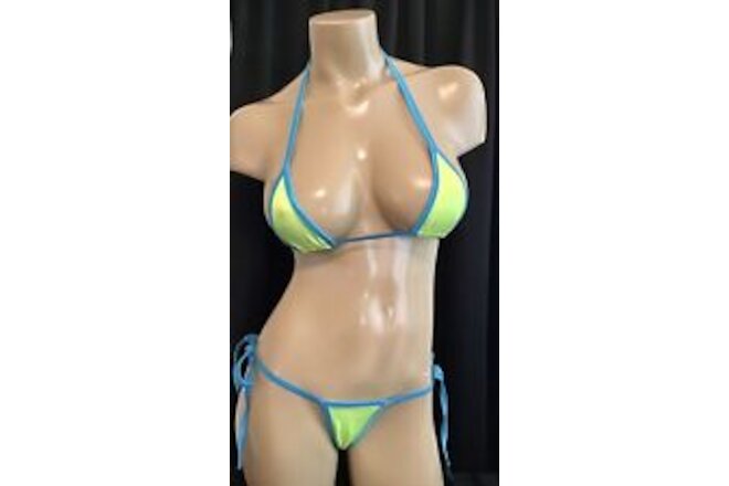 Exotic Dancer Stripper Neon Yellow Turquoise Micro Thong Set Influencer