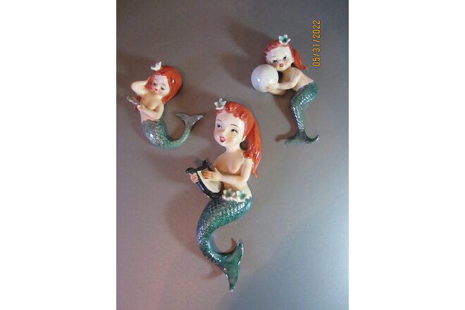 Vintage Lefton Mermaid Set Mermaid Wall Hanging 1950's Ceramic Mermaid Figurines