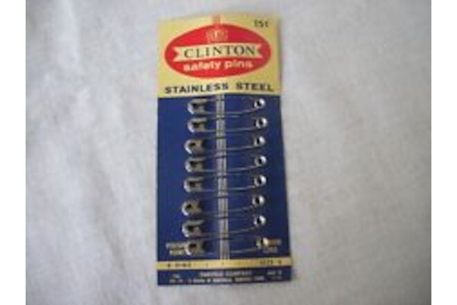 Vintage Clinton Safety Pins Stainless Steel 8 On Card Size 2 Made in USA NICE!!