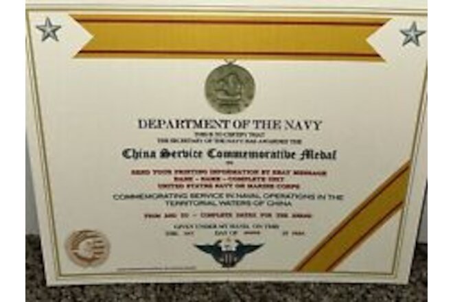 CHINA SERVICE COMMEMORATIVE MEDAL CERTIFICATE~W/PRINTING T-1