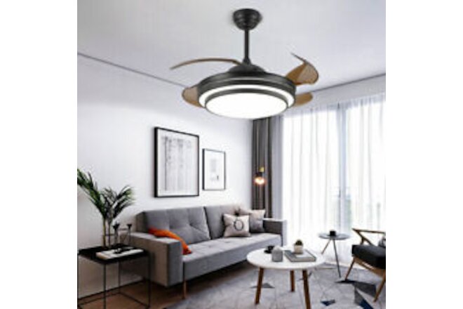 42" Retractable Ceiling Fan Lamp w/ Light Remote Control LED Chandelier Black