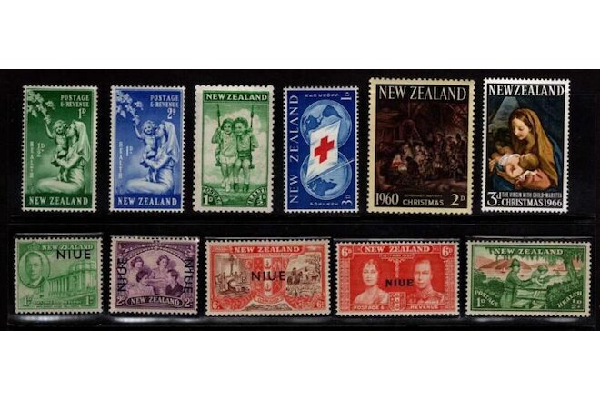Group of 11 Different New Zealand Stamps with Bonus - Christmas, Health, NIUE