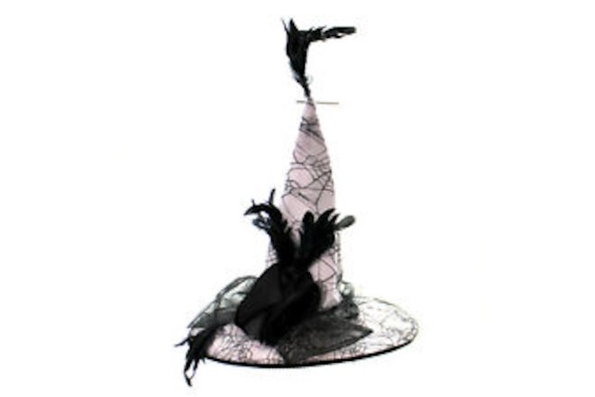 Halloween SPIDER WEB WITCHES HAT Fabric Felt Rosette Bow w/Feathers Rd0021 Grey