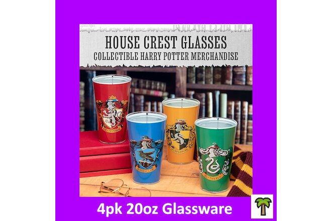 🌴 Harry Potter Hogwarts House Crests 4pk 20oz Drinking Glasses 4 Graphics NEW