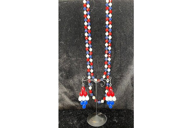 Vintage red, white and blue beaded extra-long necklace & earring set