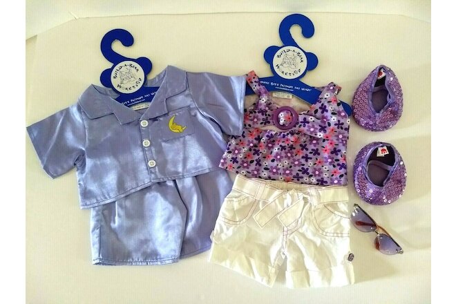 Build A Bear Purple Pajamas, Shorts, Shirt, Sparkly Purple Shoes & Sunglasses