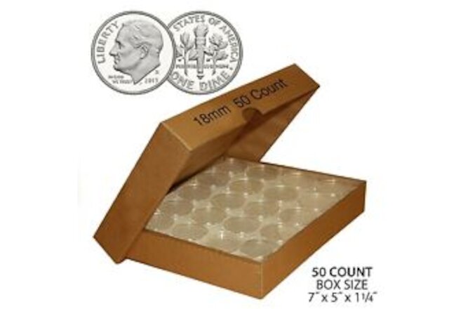 DIME Direct-Fit Airtight 18MM A18 Coin Capsule Holders For DIMES (QTY: 50) w/BOX