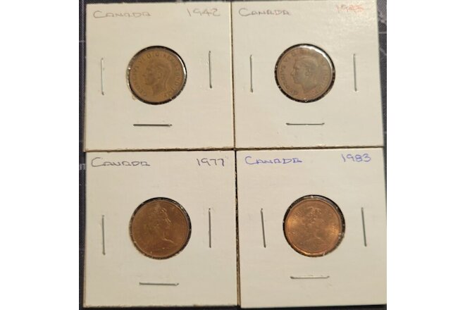 1942 1945 1977 1983 [Lot of 4] Canada 1 Cent Pennies,  See Photos For Grading
