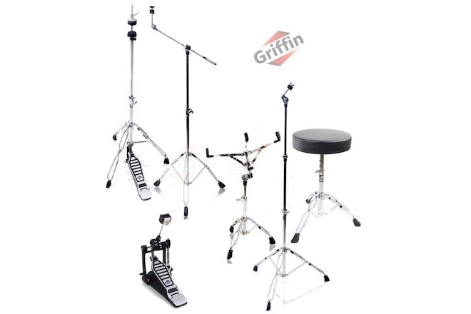 Drum Hardware PACK - GRIFFIN Cymbal Stand Set Snare Hi-Hat Throne Kick Pedal Kit