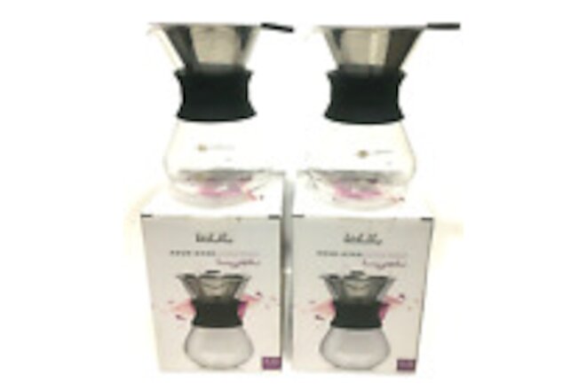 (2) Glass Carafe Pour Over Coffee Tea Pot Black Rubber Throat Stainless Strainer