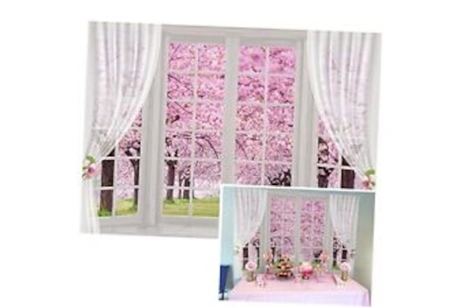 Mother Day Cherry Blossoms Window Backdrop 7x5FT(width 210cm x Height 150cm)