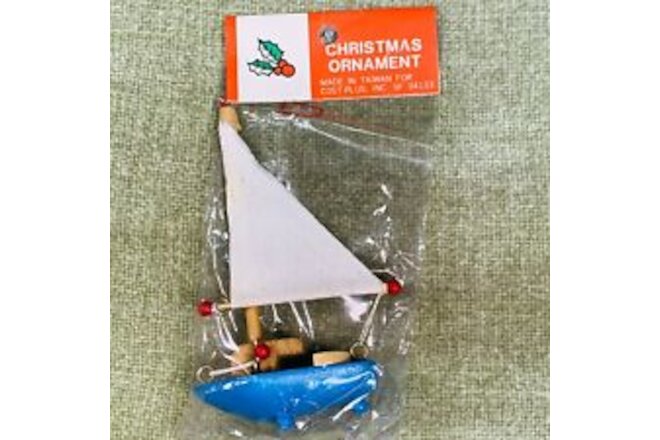 Vintage Wooden Sailboat 5" Christmas Ornament 1970s Sealed Package