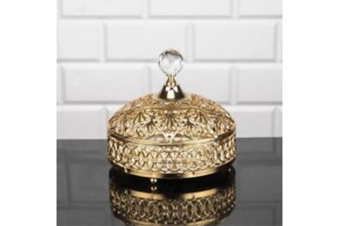 Candy Bowl, Stainless Metal Dome Lid, Crystal Top, 6.3” Gold